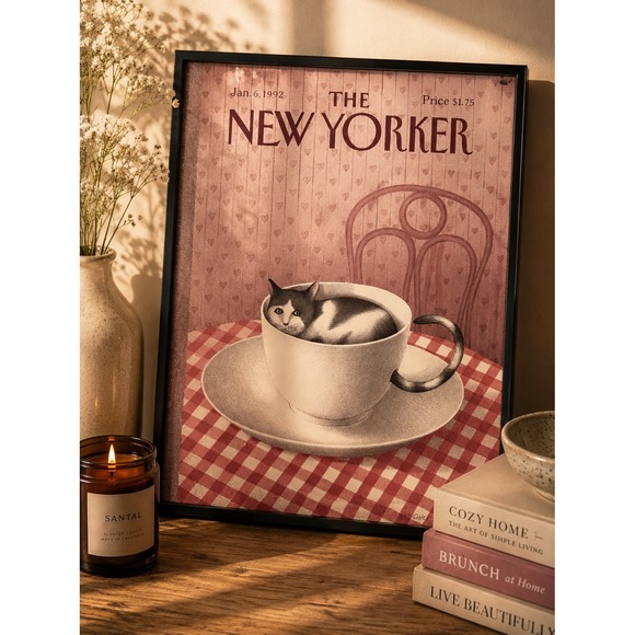 The New Yorker Other - The New Yorker Cat in Teacup Framed Print Jan 6 1992 Gürbüz Art 8x10